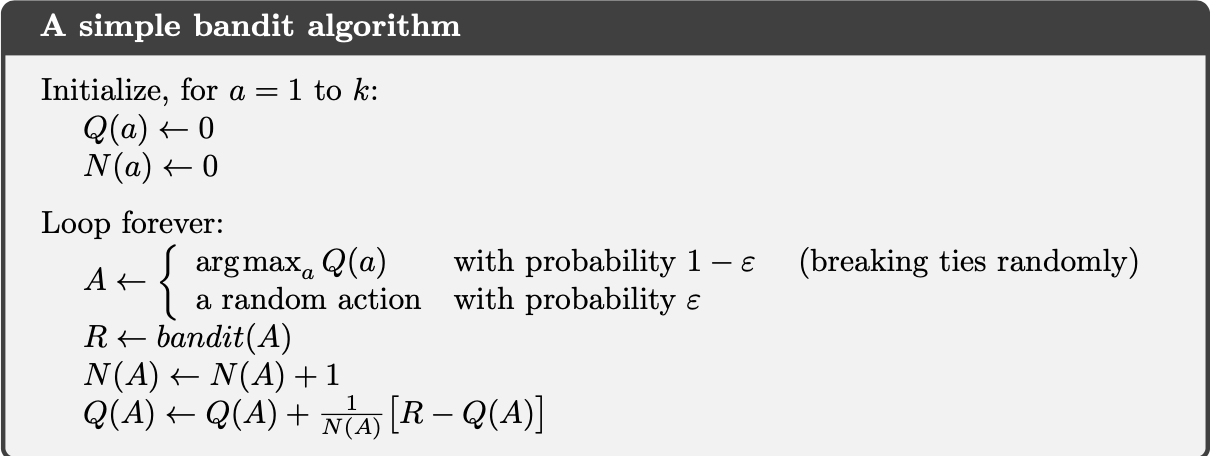 Bandit algorithm using incrementally computed sample averages and ε-greedy action selection